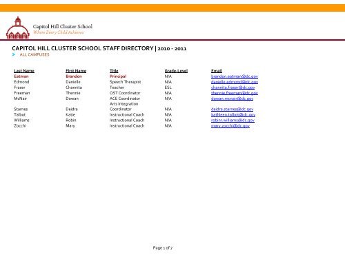 CAPITOL HILL CLUSTER SCHOOL STAFF DIRECTORY | 2010 - 2011