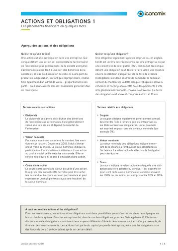 Actions et obligations 1 - Fiche de travail - Iconomix