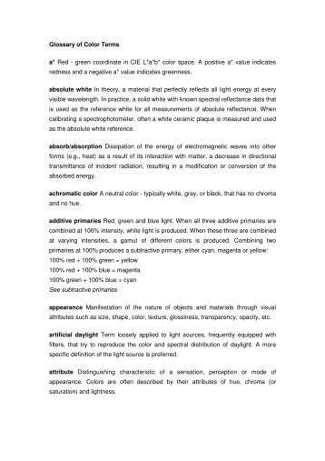 Glossary of Color Terms a* Red - green coordinate in CIE L*a*b ...