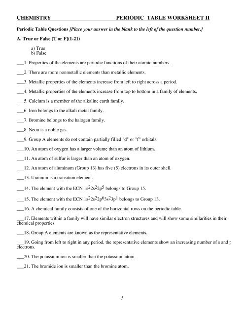 Chemistry Periodic Table Worksheet Ii