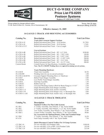 DUCT-O-WIRE COMPANY Price List FS-0205 Festoon Systems