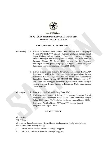 Keppres Nomor 162 M Tahun 2000 Kppu
