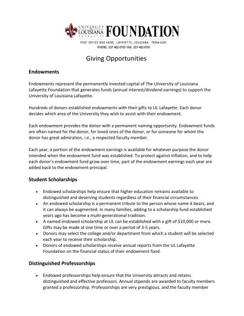 Giving Opportunities - UL Lafayette Foundation