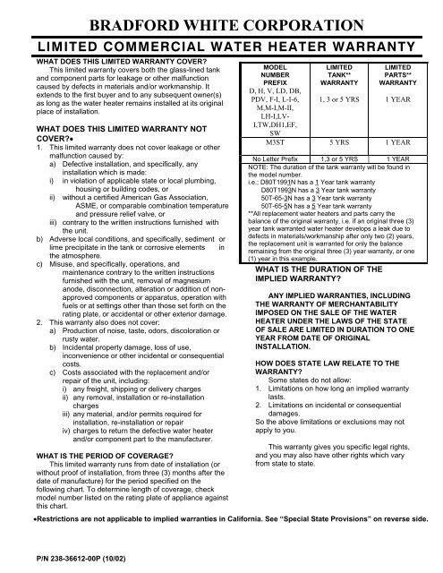 Bradford White Warranty Chart