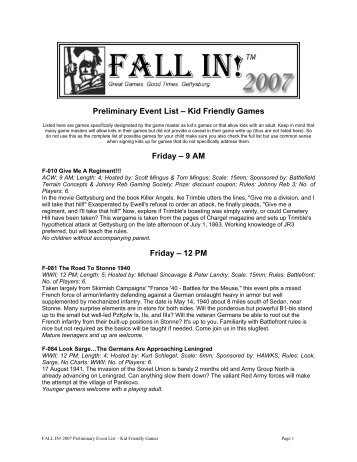 Preliminary Event List â Kid Friendly Games Friday â 9 AM ... - Fall-In