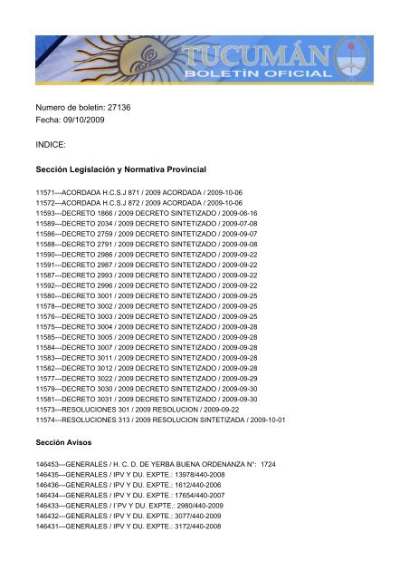 Numero de boletin: 27136 Fecha: 09/10/2009 INDICE: SecciÃ³n ...