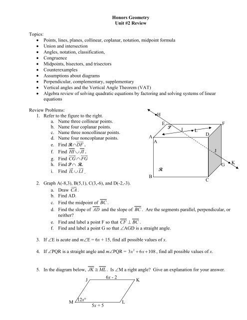 Honors Geometry Unit 2 Review Topics A Points Nichols School