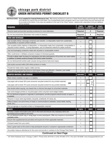 Green Initiatives Permit Checklist B - Chicago Park District