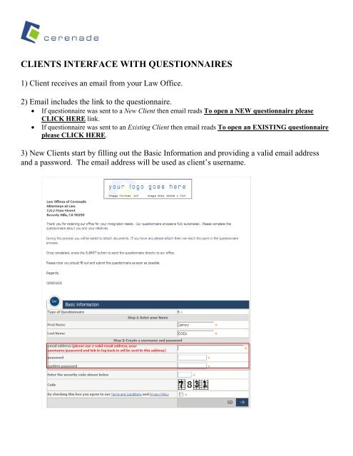 CLIENTS INTERFACE WITH QUESTIONNAIRES - Cerenade