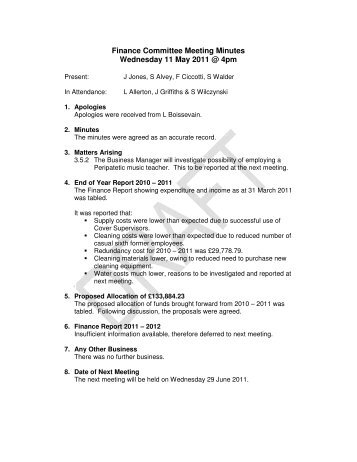 Finance Committee Meeting Minutes Wednesday 11 May 2011 @ 4pm