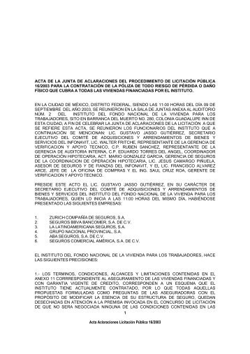 Acta de la junta de aclaraciones LicitaciÃ³n pÃºblica 16/2003 - Infonavit