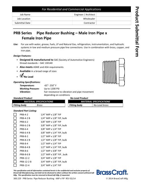 300.229 PRB Series Pipe Reducer Bushing - MIP x FIP ... - Brass Craft