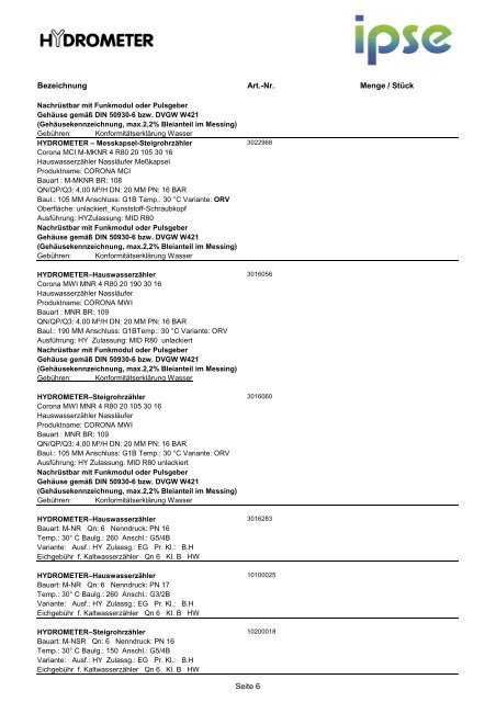 Artikelliste WasserzÃ¤hler 2011_neu - ipse-service.de