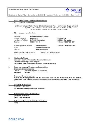 Sicherheitsdatenblatt Kupferfolie - GOULD Electronics GmbH