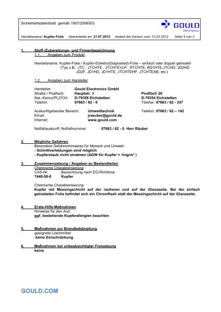 Sicherheitsdatenblatt Kupferfolie - GOULD Electronics GmbH