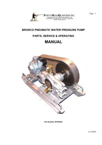 bronco pneumatic water pressure pump parts, service & operating