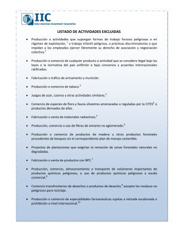 LISTADO DE ACTIVIDADES EXCLUIDAS