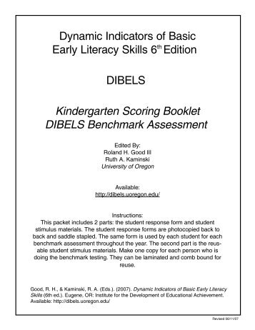 Dynamic Indicators of Basic Early Literacy Skills 6th Edition DIBELS ...