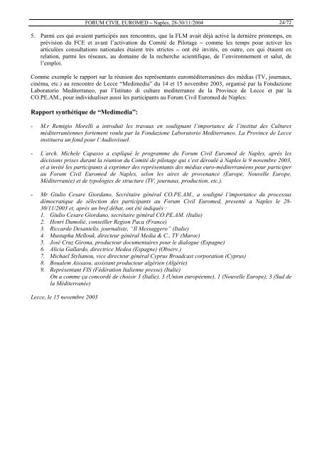 le rapport final et l'audit de la c.e. - Fondazione Mediterraneo