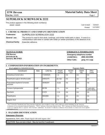 SUPERLOCK SCREWLOCK 2222 ITW Devcon Material Safety Data ...