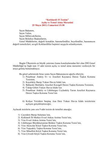 KÄ±rklareli 15 Tesisin AÃ§Ä±lÄ±Å ve Temel atma Merasimi - Devlet Su Ä°Åleri ...