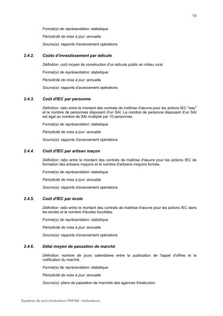 Définition des indicateurs de suivi-évaluation du PEPAM