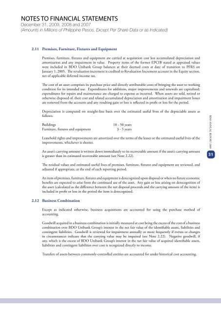 2009 ANNUAL REPORT FINANCIAL SUPPLEMENTS - BDO