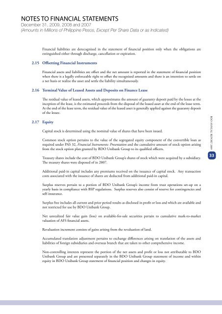 2009 ANNUAL REPORT FINANCIAL SUPPLEMENTS - BDO