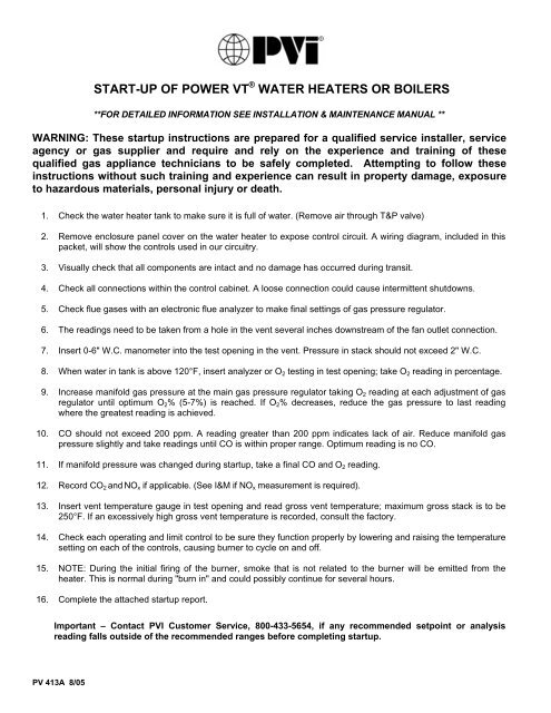 start-up of power vtÂ® water heaters or boilers - Pvi.com