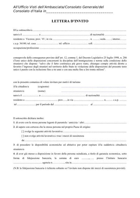 Lettera di invito per Ambasciate e Consolati Italiani in formato ...
