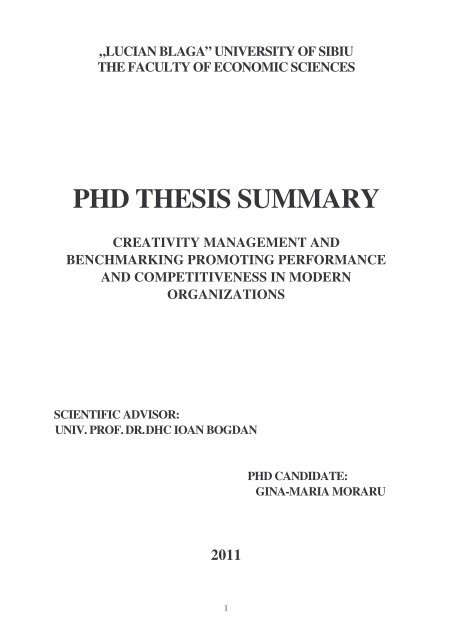 Moraru Gina-Maria Phd Thesis Summary - Doctorate ULBS