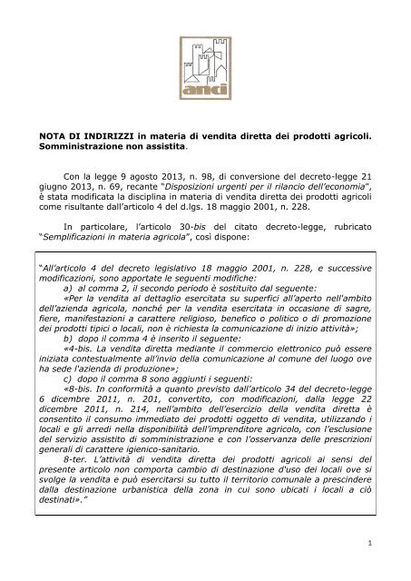 Nota interpretativa novitÃ  vendita diretta prodotti ... - Anci Toscana