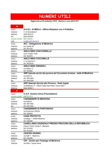 NUMERI UTILI - Comune di Medicina