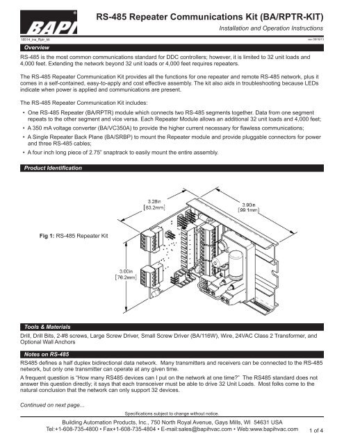 RS-485 Repeater Communications Kit (BA/RPTR-KIT) - BAPI