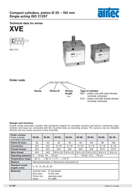 Compact cylinders, piston-Ã 20 â 100 mm Single acting ISO 21287