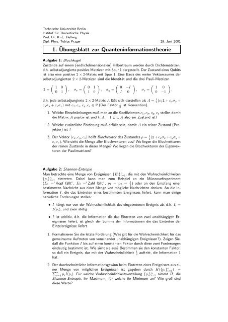 Download Übungsblatt 1 (.pdf) - Institut für Theoretische Physik