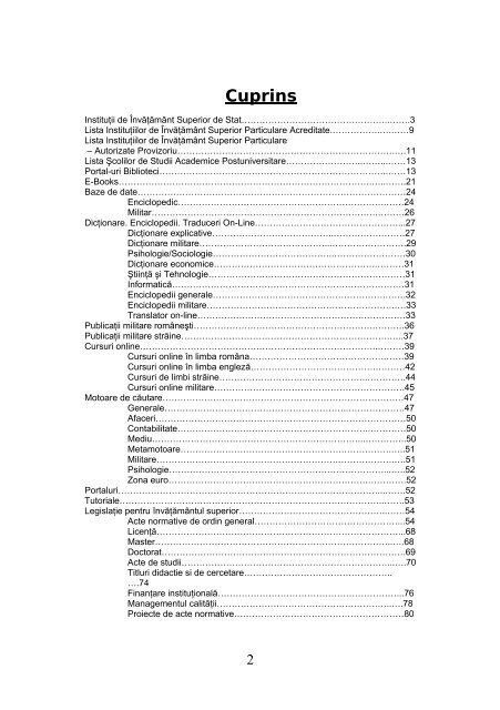 catalog adrese web - Universitatea Naţională de Apărare "Carol I"