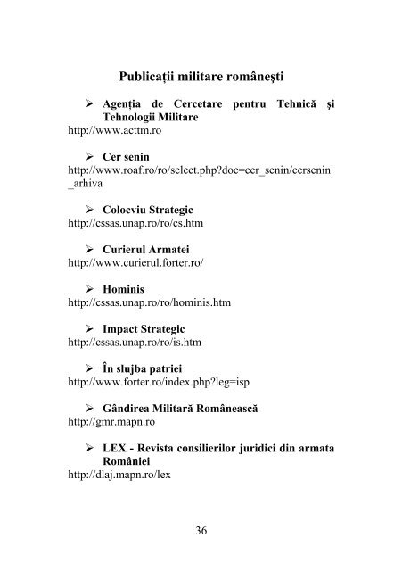 catalog adrese web - Universitatea Naţională de Apărare "Carol I"