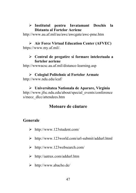 catalog adrese web - Universitatea Naţională de Apărare "Carol I"