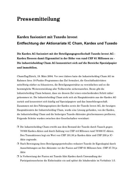 Kardex fusioniert mit Tuxedo Invest