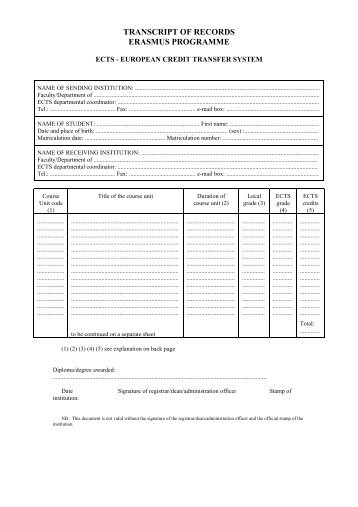 TRANSCRIPT OF RECORDS ERASMUS PROGRAMME