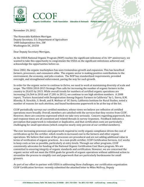 CCOF wrote to the USDA