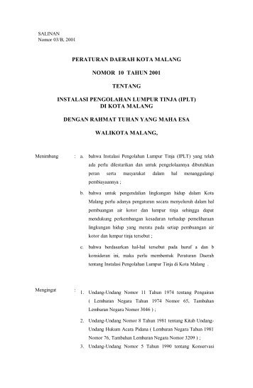 peraturan daerah kota malang nomor 10 tahun 2001 tentang ...