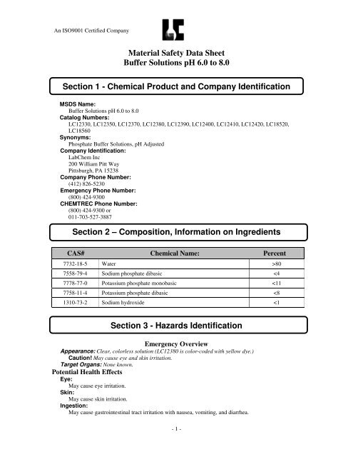 Material Safety Data Sheet Buffer Solutions pH 6.0 to 8.0 Section 1 ...