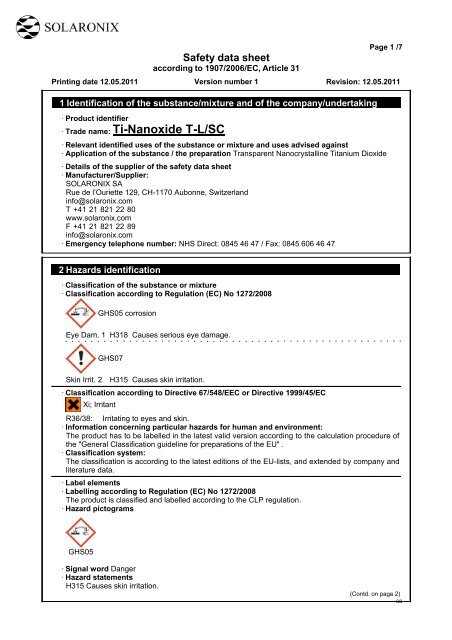 MSDS Ti-Nanoxide T-L SC - Solaronix