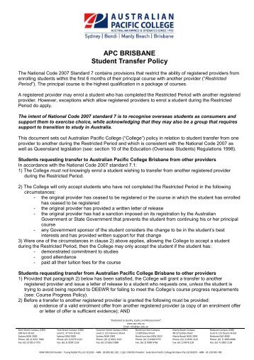 Student Transfer Request policy - Australian Pacific College