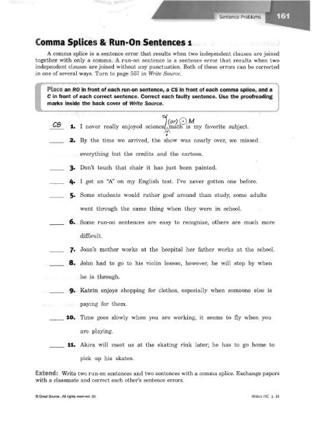 Comma Splices And Run On Sentences Worksheet