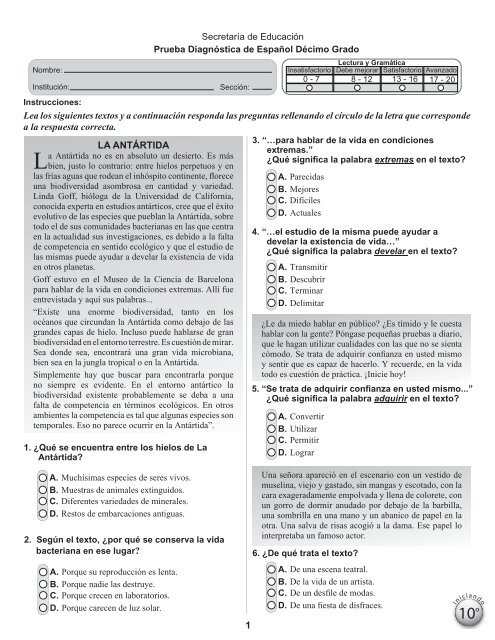 Prueba diagnóstica de Español - EQUIP123.net