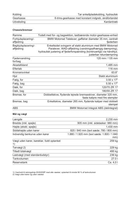 Tekniske specifikationer (.pdf) - BMW MC Klub Danmark