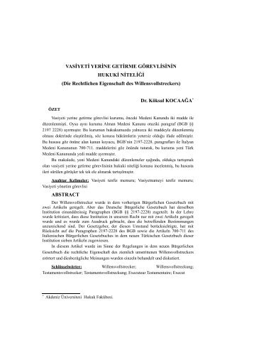 Vasiyeti yerine getirme gÃ¶revlisinin hukuki niteliÄi - Gazi Ãniversitesi